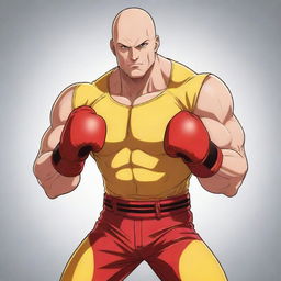 Anime style illustration of a bald, muscular superhero, flaunting his one punch power. He is dressed in a vibrant yellow shirt and red boxing gloves, striking a dynamic pose.