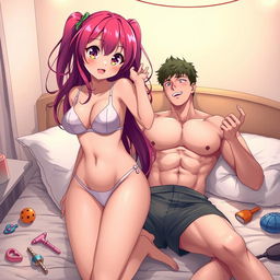 An intimate scene set in a cozy bedroom featuring an anime girl with long, vibrant hair wearing a transparent bikini, showcasing her curves