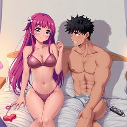 An intimate scene set in a cozy bedroom featuring an anime girl with long, vibrant hair wearing a transparent bikini, showcasing her curves