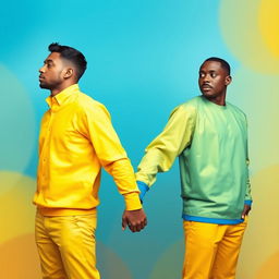 Two men holding hands, standing back to back