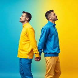 Two men holding hands, standing back to back