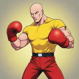 Anime style illustration of a bald, muscular superhero, flaunting his one punch power. He is dressed in a vibrant yellow shirt and red boxing gloves, striking a dynamic pose.