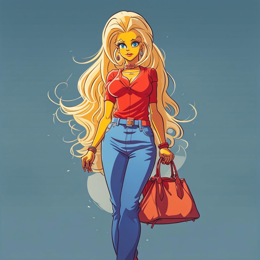 A beautiful blonde woman in Simpsons style with golden hair, vibrant blue eyes, wearing a red blouse, blue jeans and red high heels. She stands confidently with one hand on her hip and the other holding a stylish handbag.