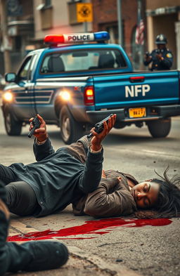 A dramatic scene depicting a black man falling to the ground, gun in hand, with his hands outstretched as if grasping at something after being shot
