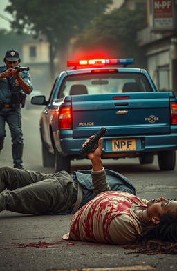 A dramatic scene depicting a black man falling to the ground, gun in hand, with his hands outstretched as if grasping at something after being shot