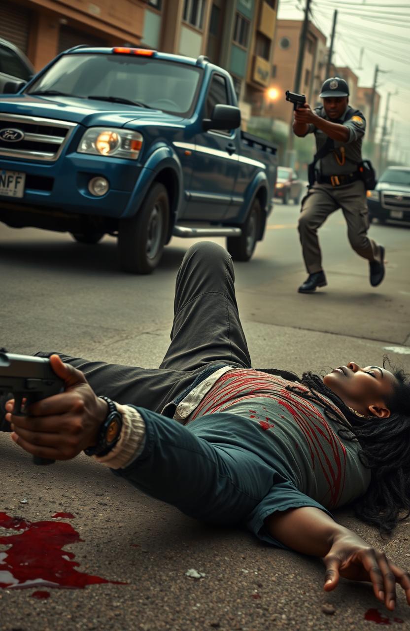 A dramatic scene depicting a black man falling to the ground, gun in hand, with his hands outstretched as if grasping at something after being shot