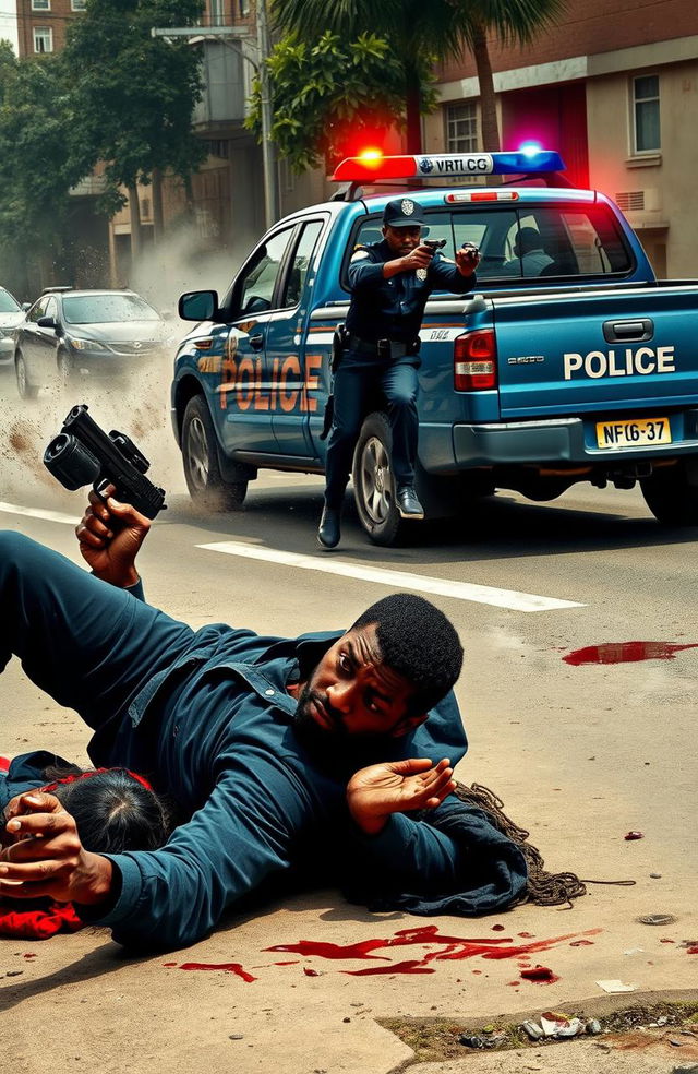 A dramatic scene depicting a black man falling to the ground, gun in hand, with his hands outstretched as if grasping at something after being shot