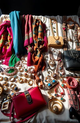 A visually stunning display of various garment accessories, featuring a wide array of items such as colorful scarves, elegant jewelry including rings and necklaces, stylish handbags, and fashionable belts