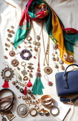 A visually stunning display of various garment accessories, featuring a wide array of items such as colorful scarves, elegant jewelry including rings and necklaces, stylish handbags, and fashionable belts