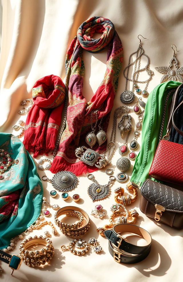 A visually stunning display of various garment accessories, featuring a wide array of items such as colorful scarves, elegant jewelry including rings and necklaces, stylish handbags, and fashionable belts