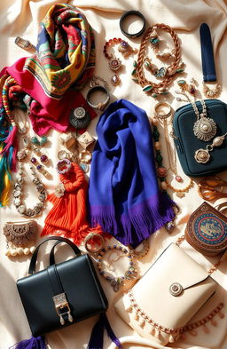 A visually stunning display of various garment accessories, featuring a wide array of items such as colorful scarves, elegant jewelry including rings and necklaces, stylish handbags, and fashionable belts
