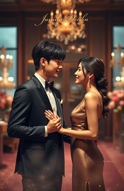 An elegant, romantic cover featuring Jungkook and Delilah in a softly lit, upscale venue
