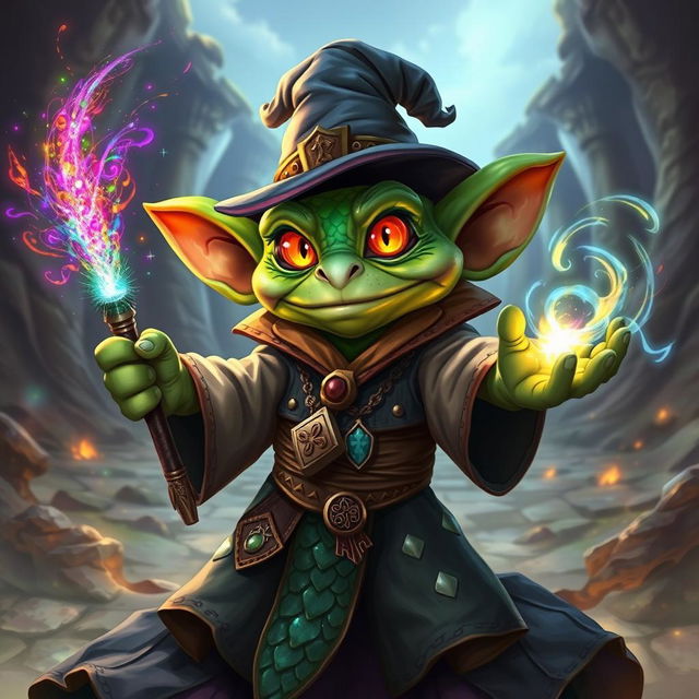 A dynamic and colorful kobold sorcerer depicted in a fantasy setting