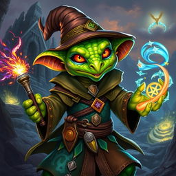 A dynamic and colorful kobold sorcerer depicted in a fantasy setting