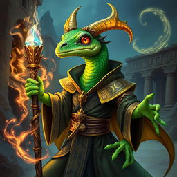 A stunning gecko draconic sorcerer depicted in a fantasy setting, featuring vibrant, scaled skin in shades of emerald green and gold