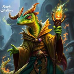 A stunning gecko draconic sorcerer depicted in a fantasy setting, featuring vibrant, scaled skin in shades of emerald green and gold