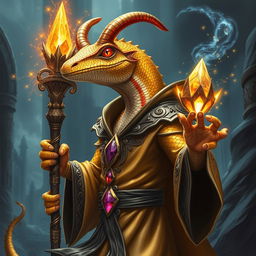 A striking gold gecko draconic sorcerer depicted in a mesmerizing fantasy setting