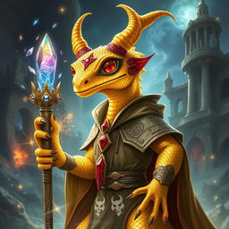 A striking gold gecko draconic sorcerer depicted in a mesmerizing fantasy setting