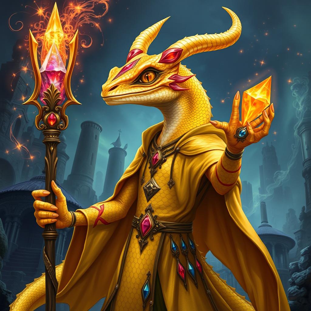 A striking gold gecko draconic sorcerer depicted in a mesmerizing fantasy setting