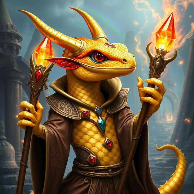 A striking gold gecko draconic sorcerer depicted in a mesmerizing fantasy setting