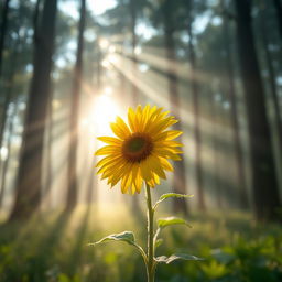A stunning HD image of a single sunflower sparkling with dewdrops in the first rays of sunlight streaming through an ethereal forest