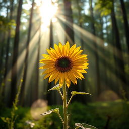 A stunning HD image of a single sunflower sparkling with dewdrops in the first rays of sunlight streaming through an ethereal forest