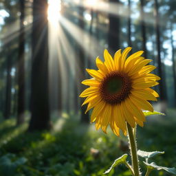 A stunning HD image of a single sunflower sparkling with dewdrops in the first rays of sunlight streaming through an ethereal forest