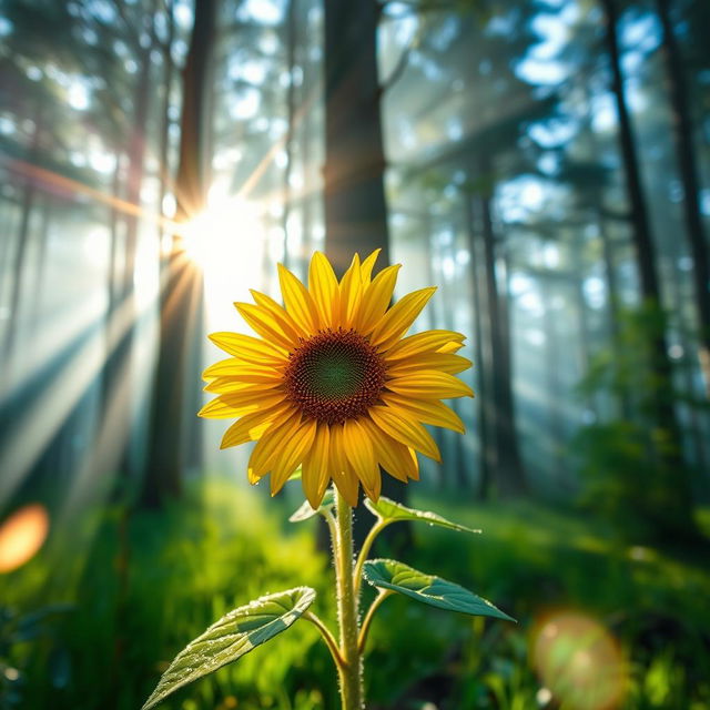 A stunning HD image of a single sunflower sparkling with dewdrops in the first rays of sunlight streaming through an ethereal forest