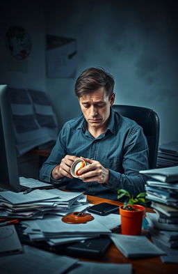 A visually striking representation of a person grappling with the duality of work and illness