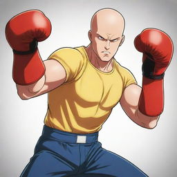 Anime style illustration of a bald superhero in a yellow shirt and red boxing gloves, unleashing his incredible one punch power. Energy and power visibly radiate from his fist, emphasizing the intensity of his punch.