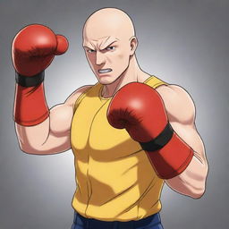 Anime style illustration of a bald superhero in a yellow shirt and red boxing gloves, unleashing his incredible one punch power. Energy and power visibly radiate from his fist, emphasizing the intensity of his punch.