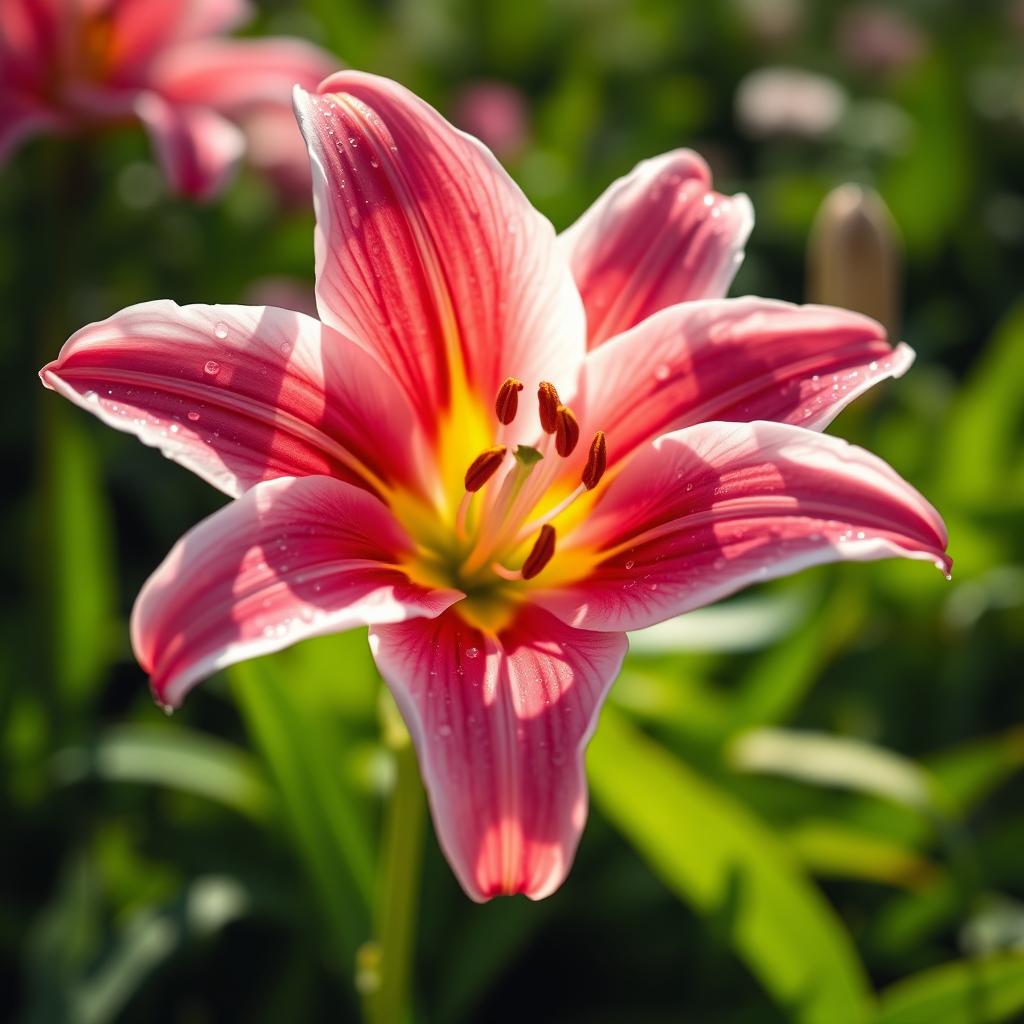 An HD image of a single sparkling lily bloom, showcasing its vibrant petals that glisten in the sunlight