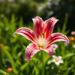 An HD image of a single sparkling lily bloom, showcasing its vibrant petals that glisten in the sunlight