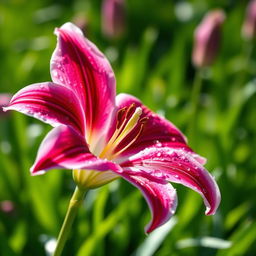 An HD image of a single sparkling lily bloom, showcasing its vibrant petals that glisten in the sunlight