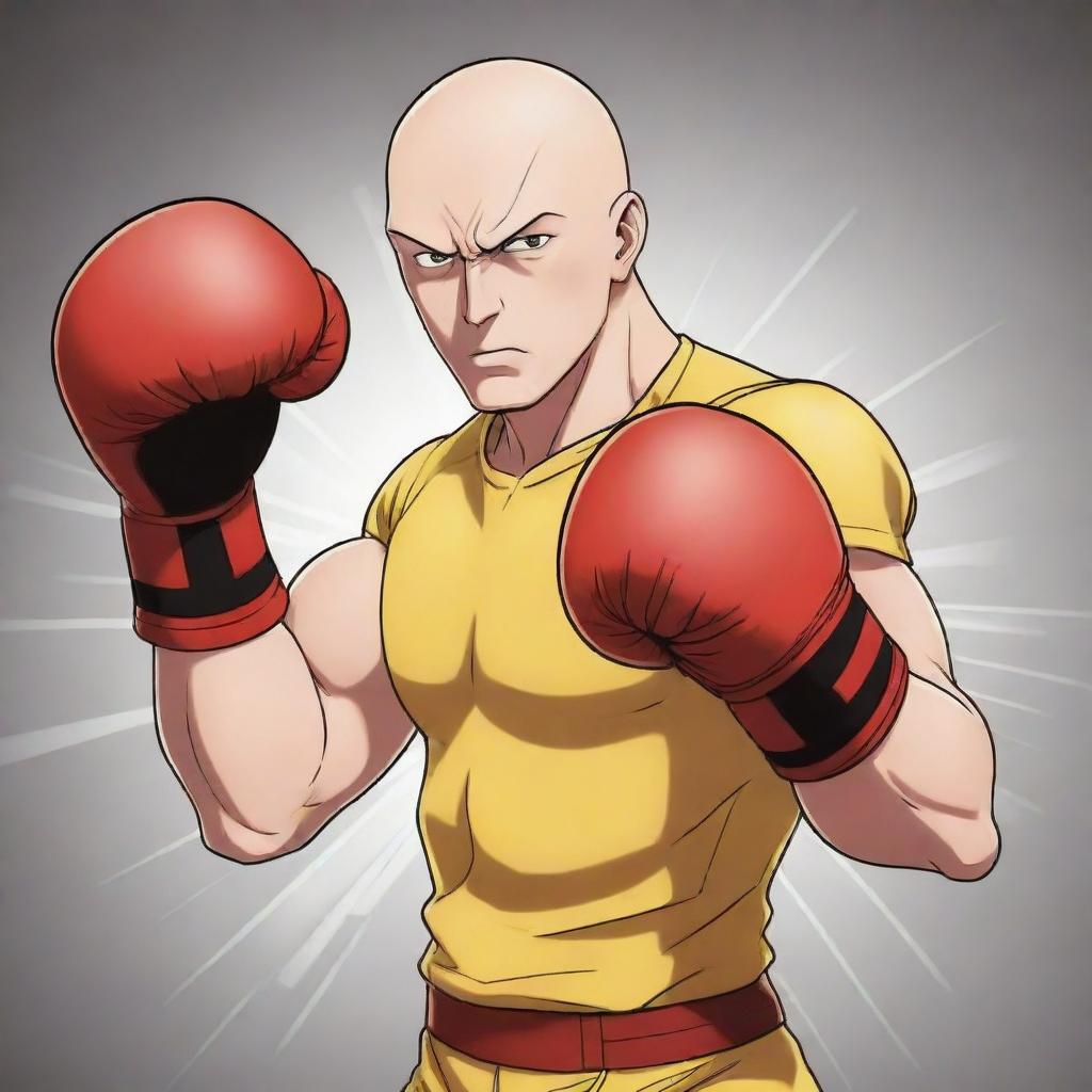 Anime style illustration of a bald superhero in a yellow shirt and red boxing gloves, unleashing his incredible one punch power. Energy and power visibly radiate from his fist, emphasizing the intensity of his punch.