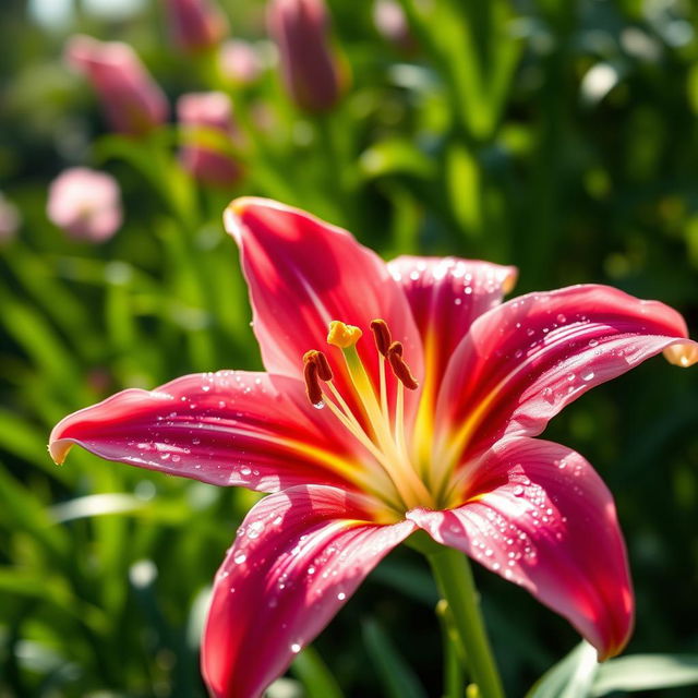 An HD image of a single sparkling lily bloom, showcasing its vibrant petals that glisten in the sunlight