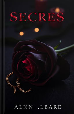 A dark, luxurious book cover featuring a black rose with subtle red undertones, elegantly resting on a textured dark background resembling velvet or worn leather