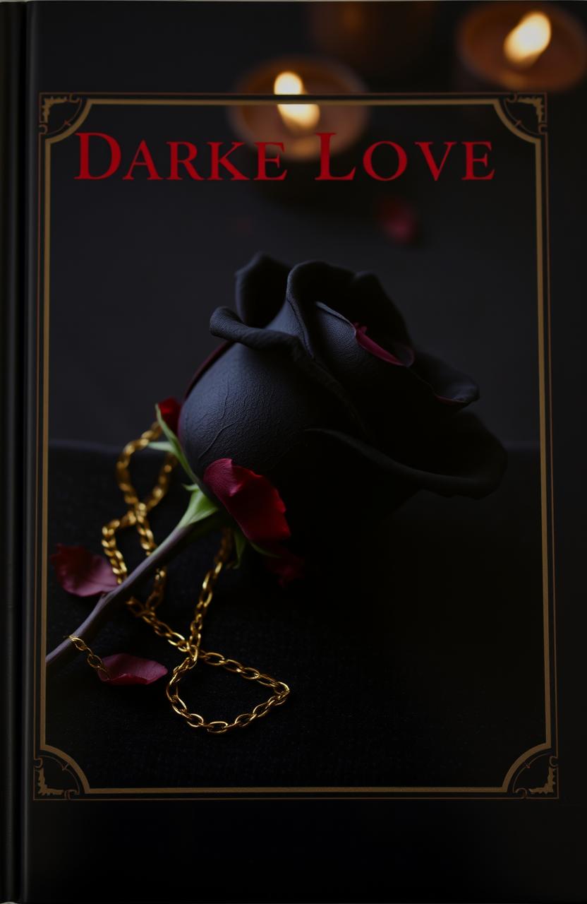 A dark, luxurious book cover featuring a black rose with subtle red undertones, elegantly resting on a textured dark background resembling velvet or worn leather