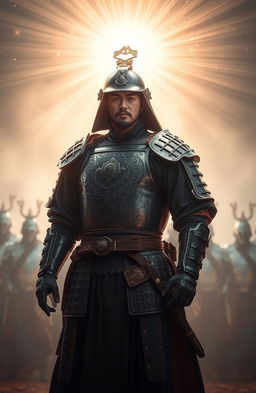 A full-body view of a Korean man wearing ancient armor, standing confidently in a heavenly light that radiates around him