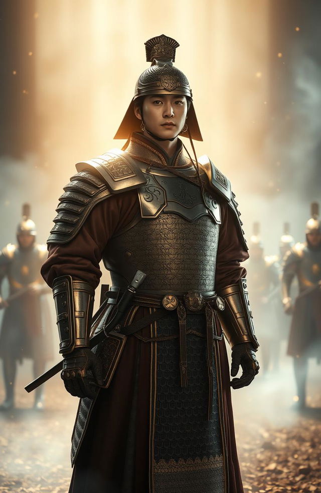 A full-body view of a Korean man wearing ancient armor, standing confidently in a heavenly light that radiates around him