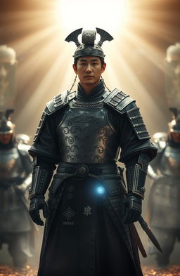 A full-body view of a Korean man wearing ancient armor, standing confidently in a heavenly light that radiates around him