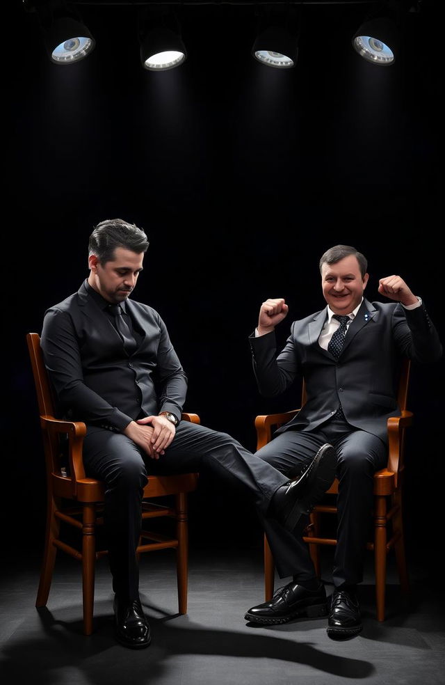 A man in a black vest and black pants, wearing a black tie in a Windsor knot, sits on a wooden chair, his focused expression directed downward, with his right leg extended forward