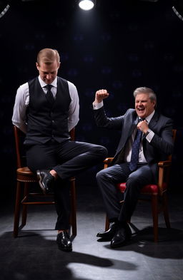 A man in a black vest and black pants, wearing a black tie in a Windsor knot, sits on a wooden chair, his focused expression directed downward, with his right leg extended forward
