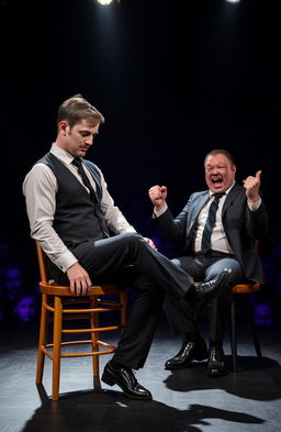 A man in a black vest and black pants, wearing a black tie in a Windsor knot, sits on a wooden chair, his focused expression directed downward, with his right leg extended forward