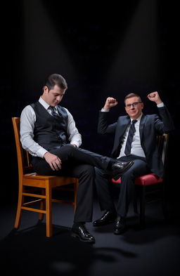 A man in a black vest and black pants, wearing a black tie in a Windsor knot, sits on a wooden chair, his focused expression directed downward, with his right leg extended forward