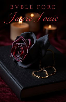 A dark, luxurious book cover featuring a black rose with subtle red undertones, resting on a textured background resembling velvet or worn leather