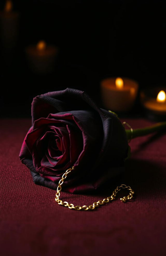 A dark, luxurious book cover featuring a black rose with subtle red undertones, resting on a textured background resembling velvet or worn leather