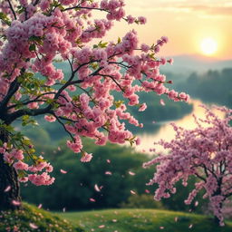 A serene landscape depicting the cycle of life with cherry blossom trees in full bloom, swirling gently in the spring breeze, petals falling gracefully to the ground