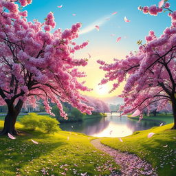 A serene landscape depicting the cycle of life with cherry blossom trees in full bloom, swirling gently in the spring breeze, petals falling gracefully to the ground