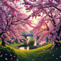 A serene landscape depicting the cycle of life with cherry blossom trees in full bloom, swirling gently in the spring breeze, petals falling gracefully to the ground